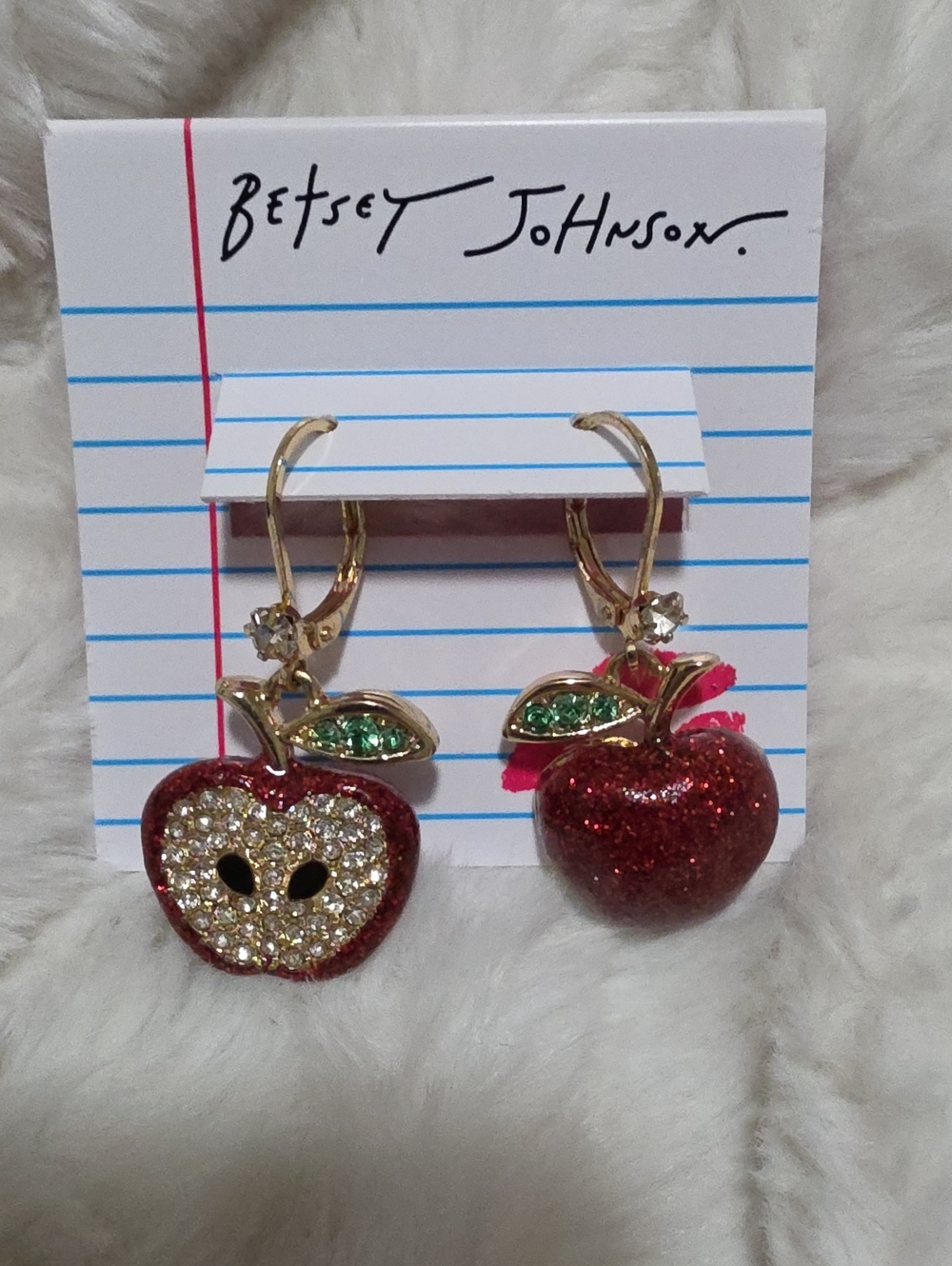 Betsey Johnson Red Glitter & Crystal Apple Drop Earrings with Green Leaves